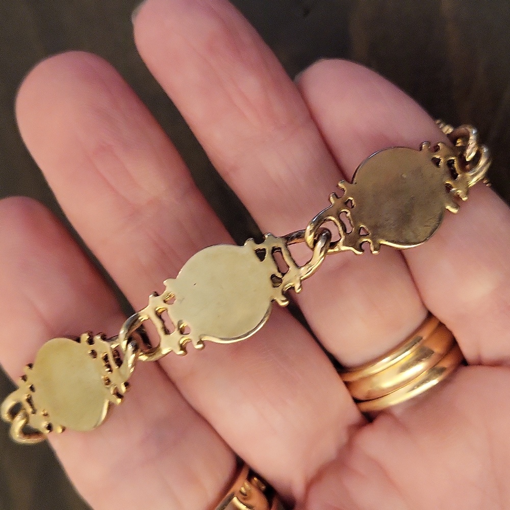 Vintage Ornate (Intricate) Faux Tigers Eye, Abalone Gold Link Bracelet - Picture 6 of 13